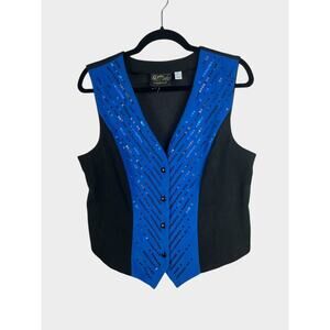 Bob Mackie Wearable Art Black Suede Blue Sequin Vest Size Small‎